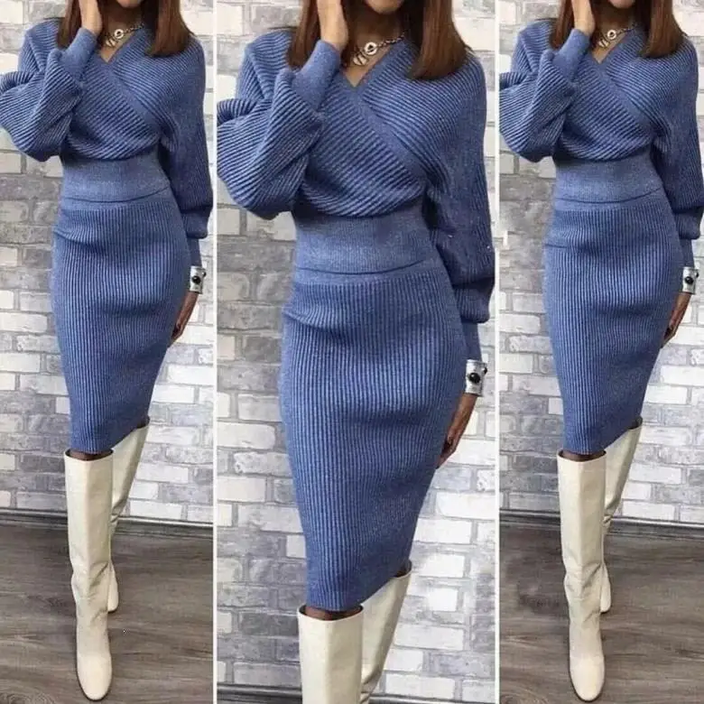 Осень зима женский свитер юбка миди одноцветные Женские повседневные костюмы из