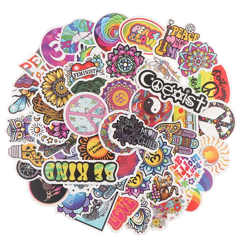 

50Pcs Retro Hippies Love And Peace Stickers For Motorcycle Luggage Skateboards New