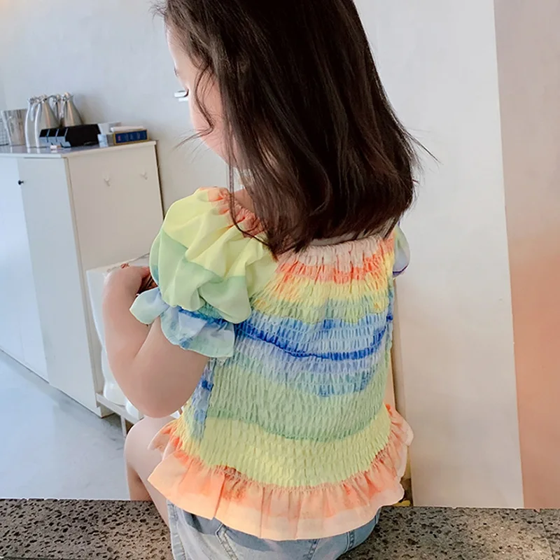 Rainbow Girls Blouses Top Summer Sweet shirt 1-6T Cute Princess Tight Puff Sleeve Fashion Blouse Fille | Мать и ребенок