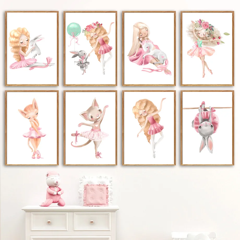 

Настенная картина розовая балерина Девочка Кролик Детский сад настенная Картина на холсте скандинавские плакаты и принты Мультяшные настенные картины для детской комнаты