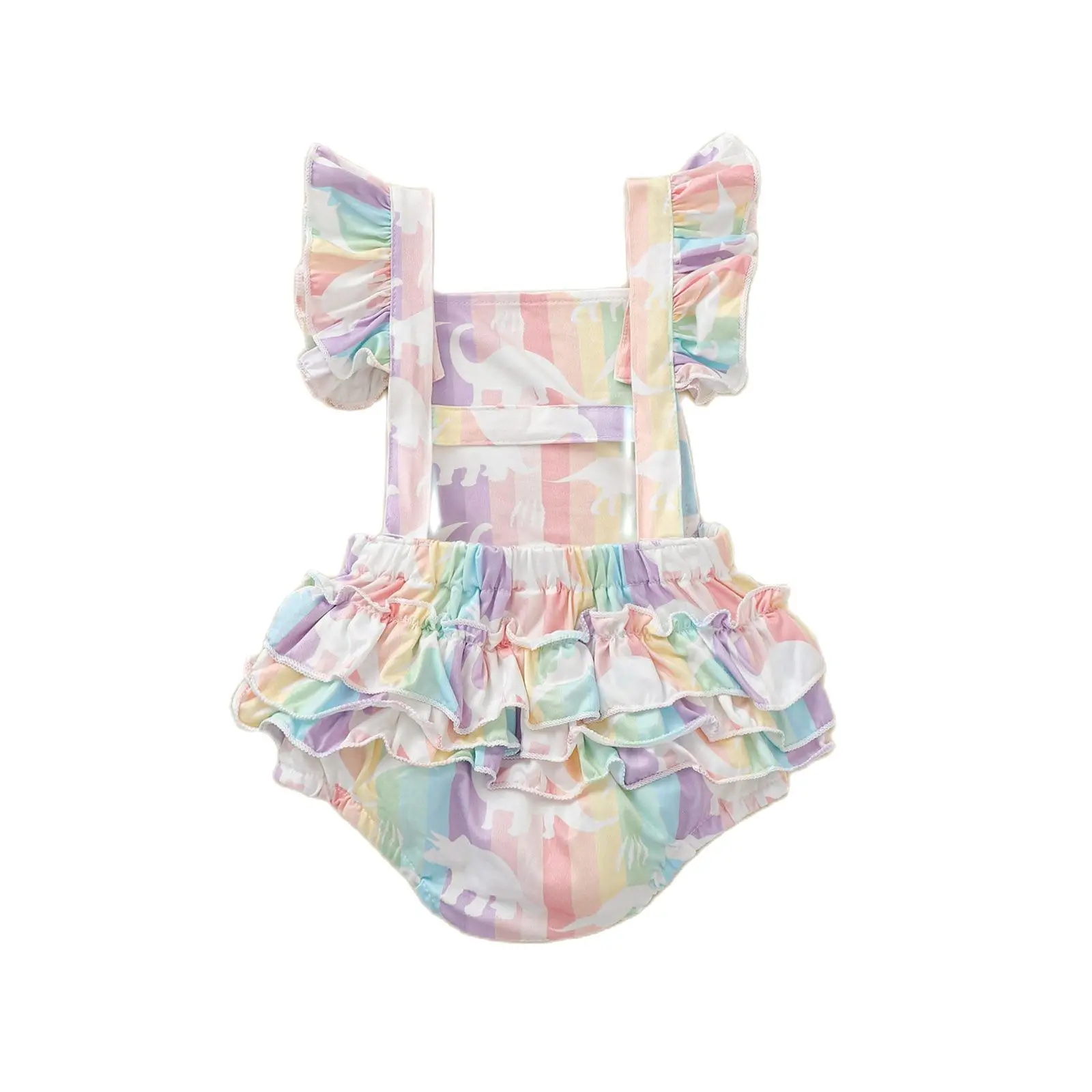 

Summer Infant Baby Girls Sweet Ruffles Fly Sleeve Romper Fashion Dinosaur Rainbow Stripe Backless Jumpsuits Clothes