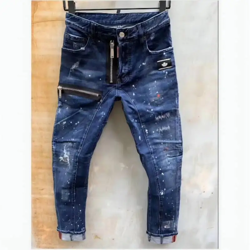 

Новый DSQ2 Для мужчин; Обтягивающие джинсы с разорванными дырами и упругая краска брызга, синий стеганый штаны-шаровары T99