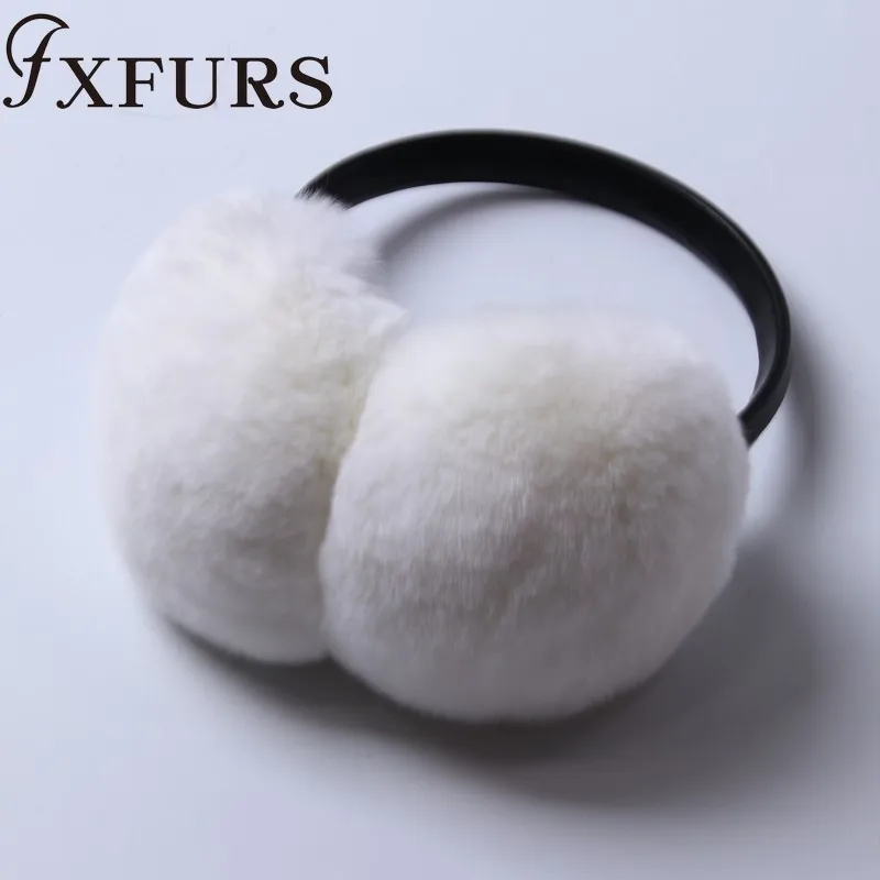 Белый FXFURS/ женские модные меховые наушники с кроликом Рекс, с кожаной полкой, зимние теплые меховые наушники для девочек, меховые наушники - Цвет: Белый