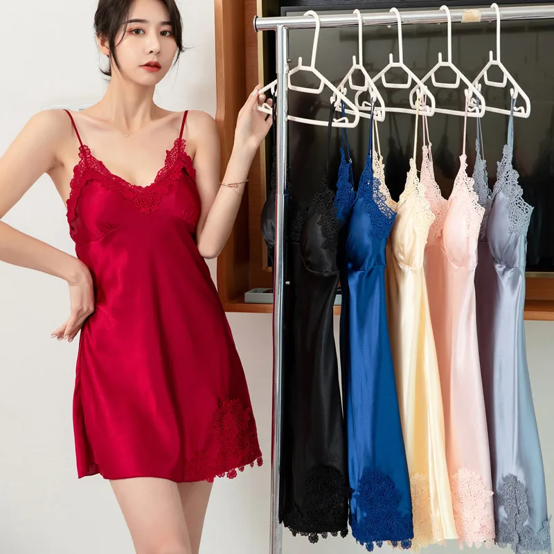 

2021 New Mini Nightgown Nightwear Sexy Burgundy Satin Nightdress Women Chemise Sleepwear Lace Loungerwear Spaghetti Sling