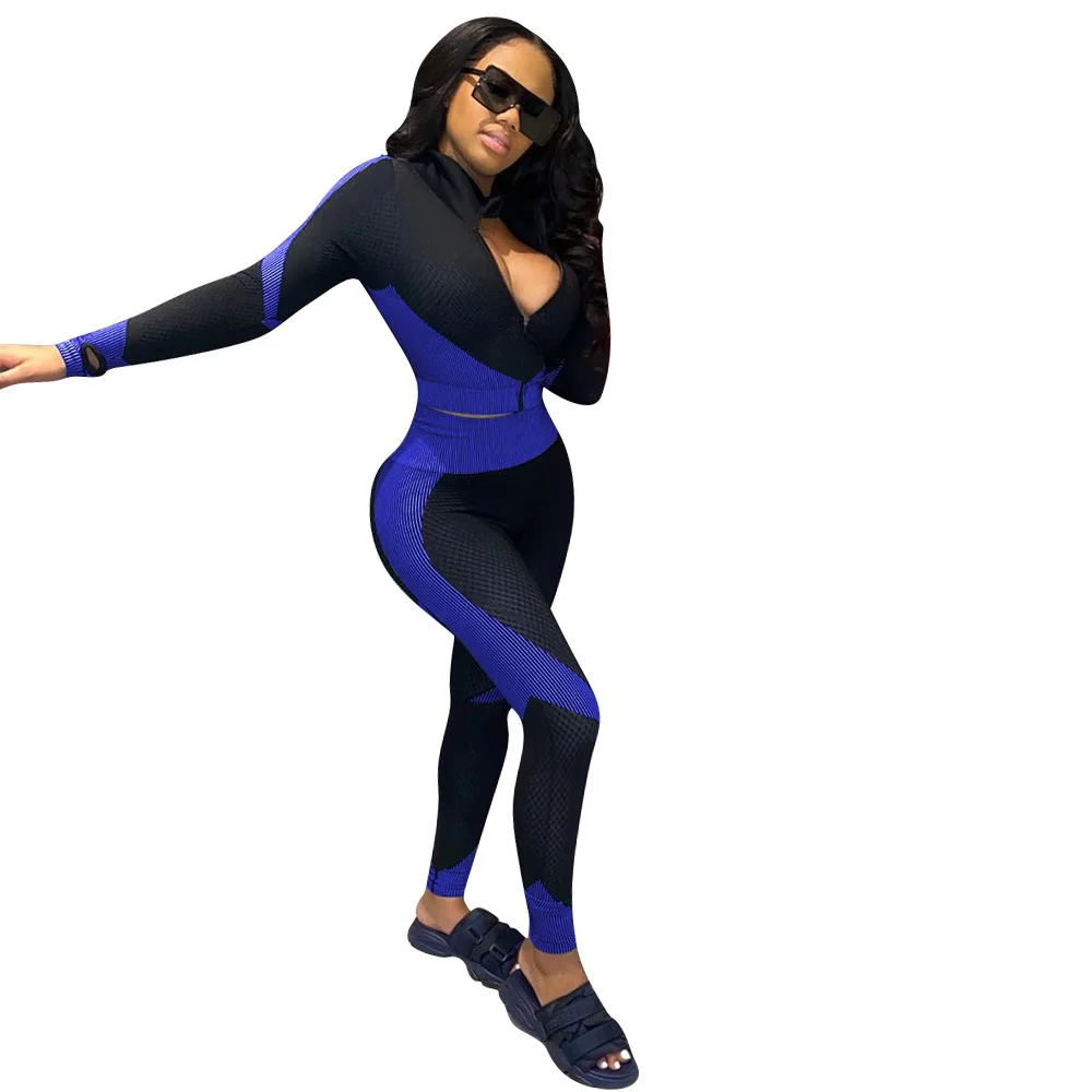 

Sexy Two Piece Set Women Bodycon Matching Sets Zipper Up Full Sleeve Crop Tops Biker Pants Sweat Suits Autumn 2 Piece Tracksuit