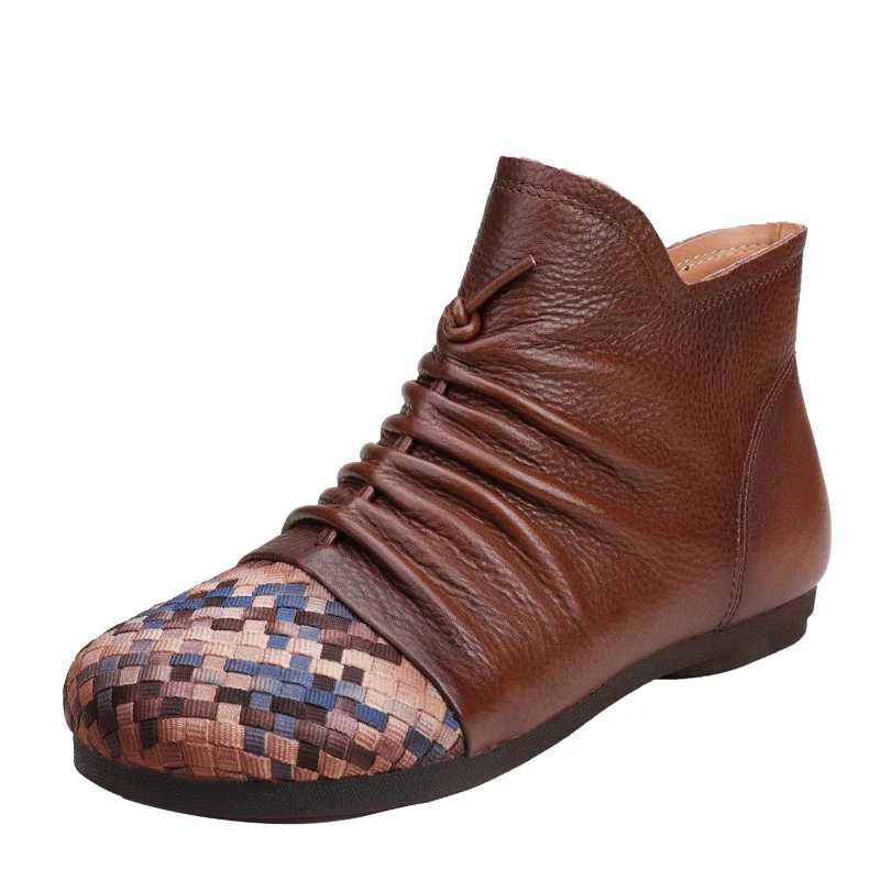 

vallu 20autumn and Winter New Retro Woven Soft Bottom Boots Women's Genuine Leather Ethnic Style Casual round Toe Short Boots