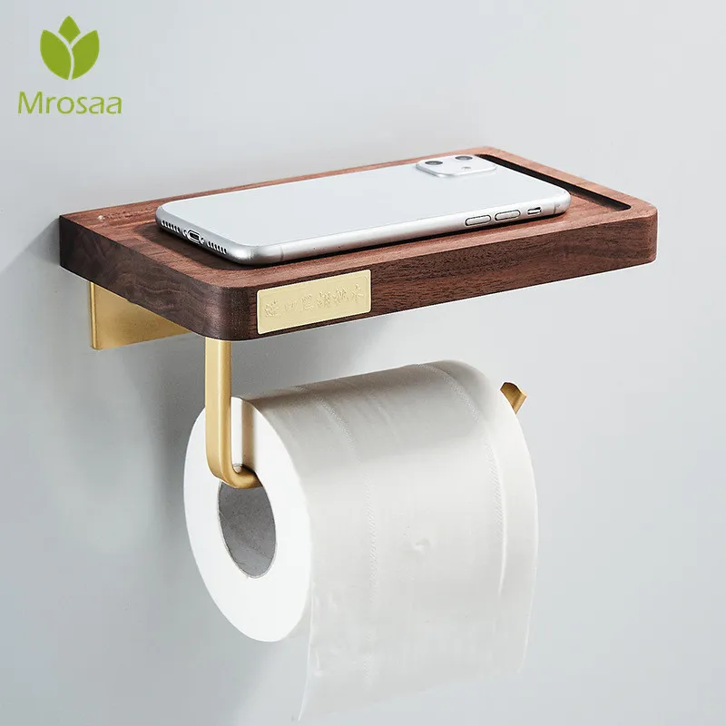 

NEW Brass Toilet Paper Holder Wall Mounted Wooden Phone Holder Rack Bathroom Roll Paper Holder Hanger Wall Shelf for Toilet