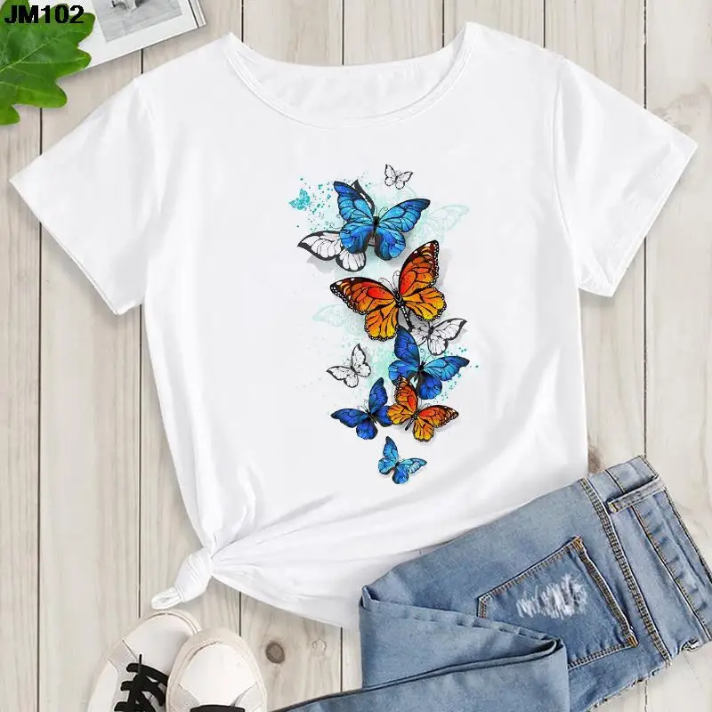 

Women Lady Cartoon Butterfly Print T Shirt Harajuku Short Sleeve Tshirt Pink Woman Top Tee Summer Female Clothes Graphic T-shirt