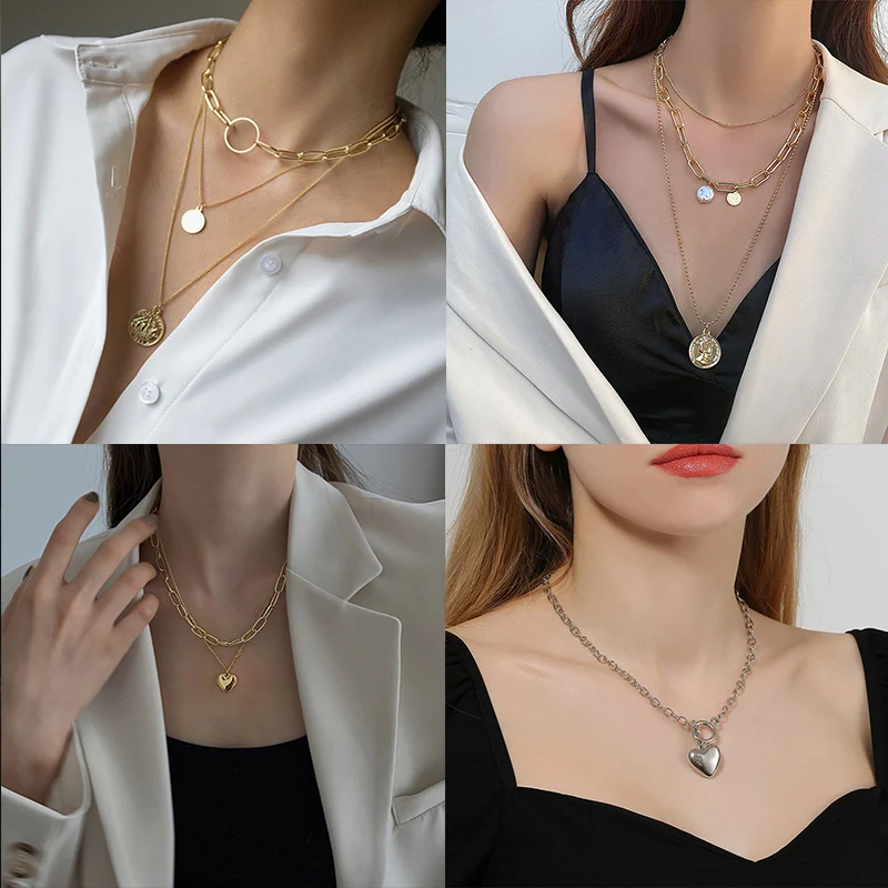 

Gold and Silver Color Pendant Coin Necklace 2021Ladies Necklace Multilayer Pearl Personality Necklace Fashion Trend Jewelry Gift