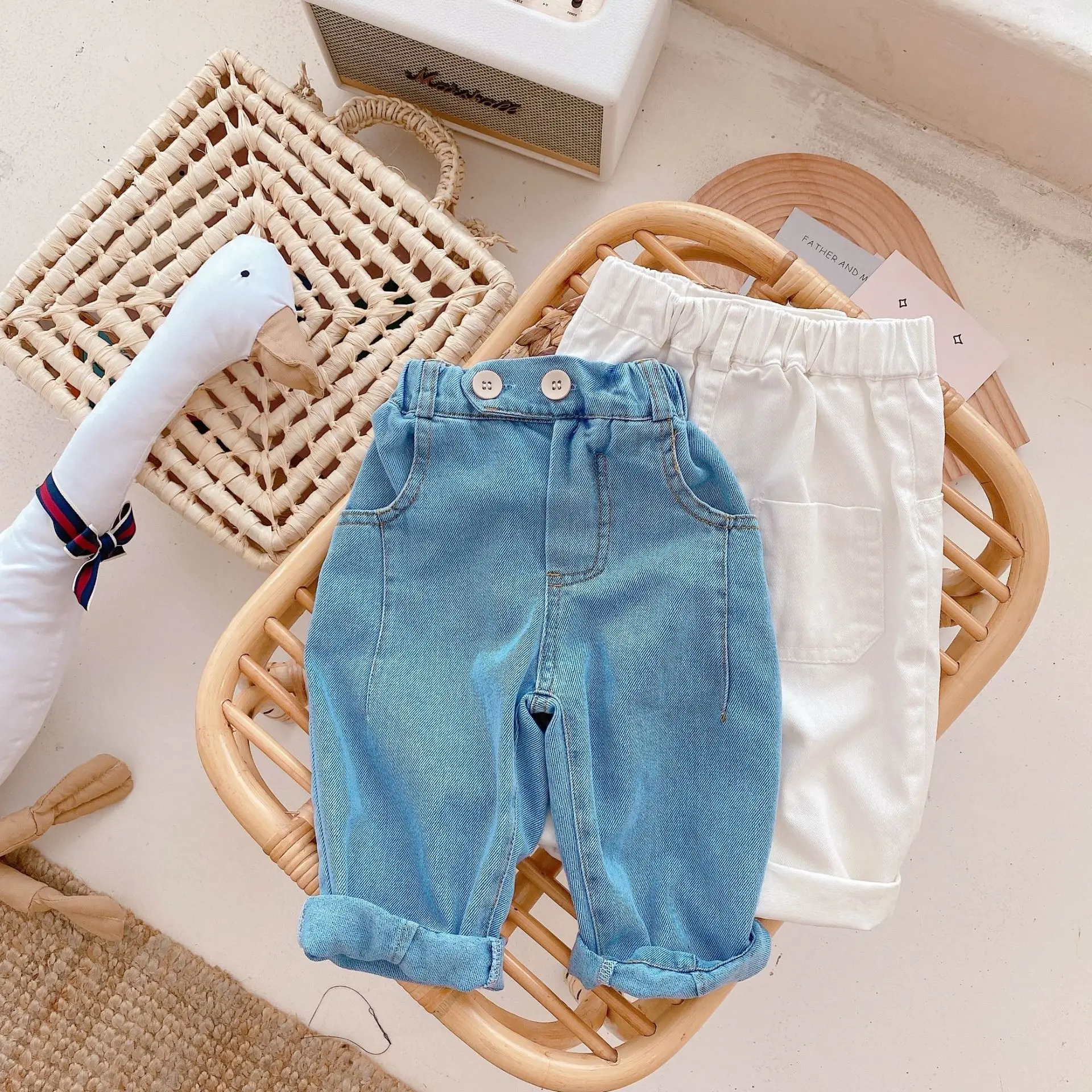 

Korean style unisex fashion soft denim pants Toddler kids solid color casual all-match trousers
