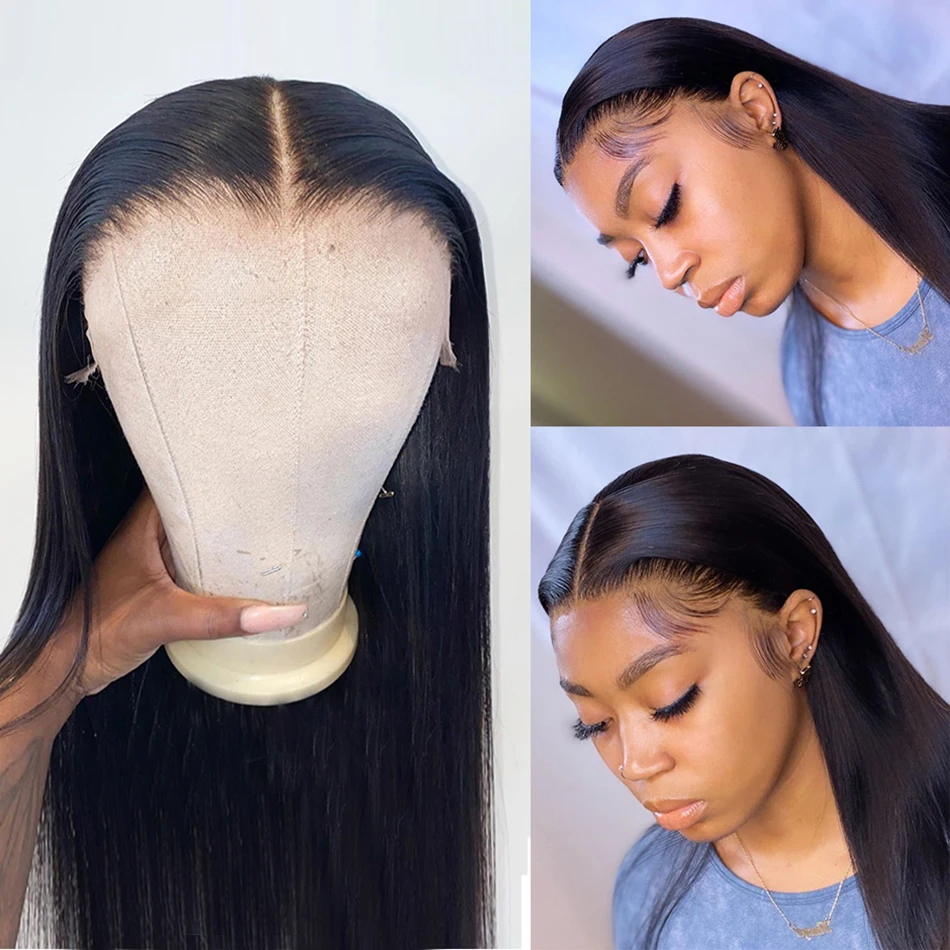 

Straight Lace Human Hair Wigs 150% Density 13x1 Middle Part Transparent Lace Wig Remy T Part Wig Pre Plucked With Baby Hair
