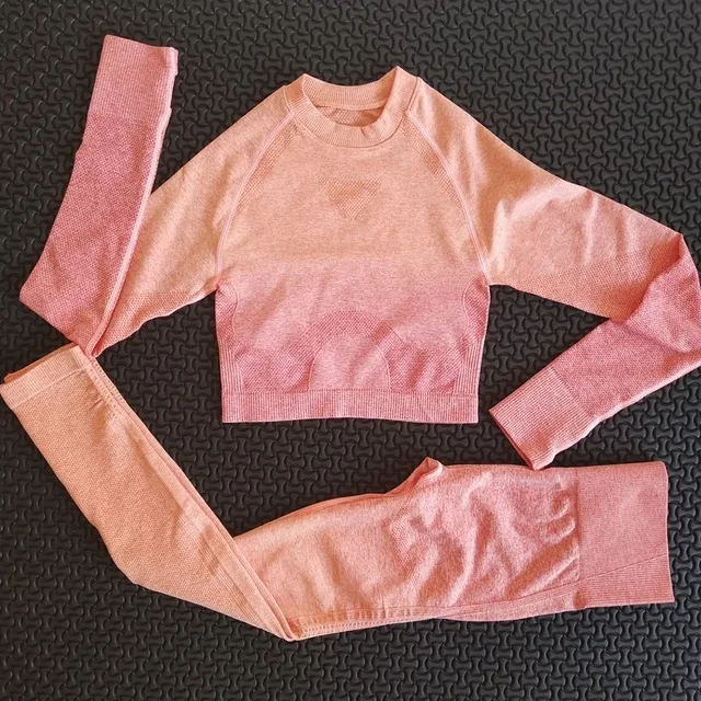 Orange 2Pcs Set 2 шт., бесшовный комплект для йоги, женский спортивный комплект с эффектом омбре, спортивная одежда для тренировок, Топ с длинным рукавом для фитнеса+ леггинсы для попки - Цвет: Orange 2Pcs Set