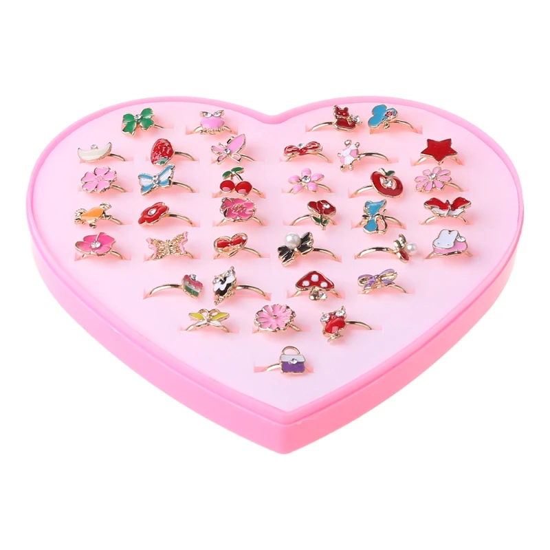 

36 pcs Alloy Cartoon Rings With Bow tie box Colorful Lovely Adjustable Jewelry