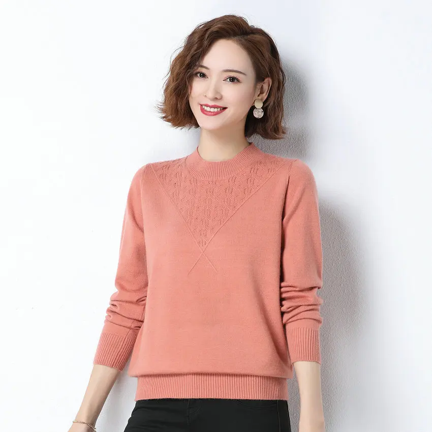

Winter Women Soft Pullover Sweater Pink Green Camel Wool Knit Top Lady Crew Neck Plain Colour Textured Ripple Knitwear Jumper