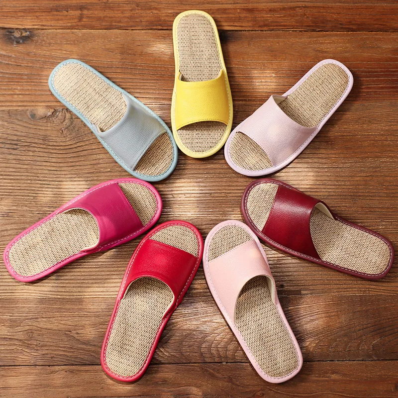 

Leather linen sandals women's summer antiskid, deodorant and sweat absorption household indoor leather slippers men's soft soles