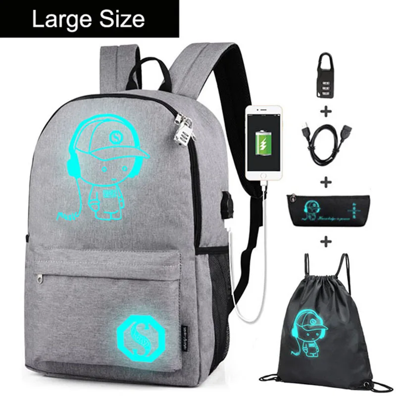 F large size 1 set Аниме светящийся Оксфорд школьный рюкзак на плечо до 15,6 дюймов с usb зарядным портом и замком школьная сумка для мальчика черный - Цвет: F large size 1 set