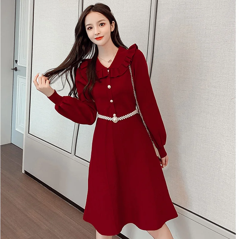 

Autumn Winter Korean Sweet Peter Pan Collar Christmas Knitted Sweater Women Dress French Vintage Long Sleeve Female Midi Dresses