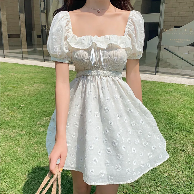 

Daisy Embroidery Floral Dress Summer Women High Waist Slim Lace Puff Sleeve Dress Cottagecore Sweet Girl Cute Short Sleeve Dress