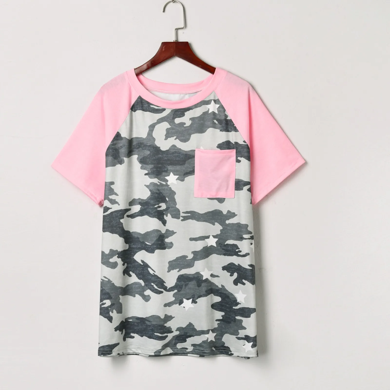 С камуфляжным принтом Узкая Женская футболка на каждый день с круглым вырезом