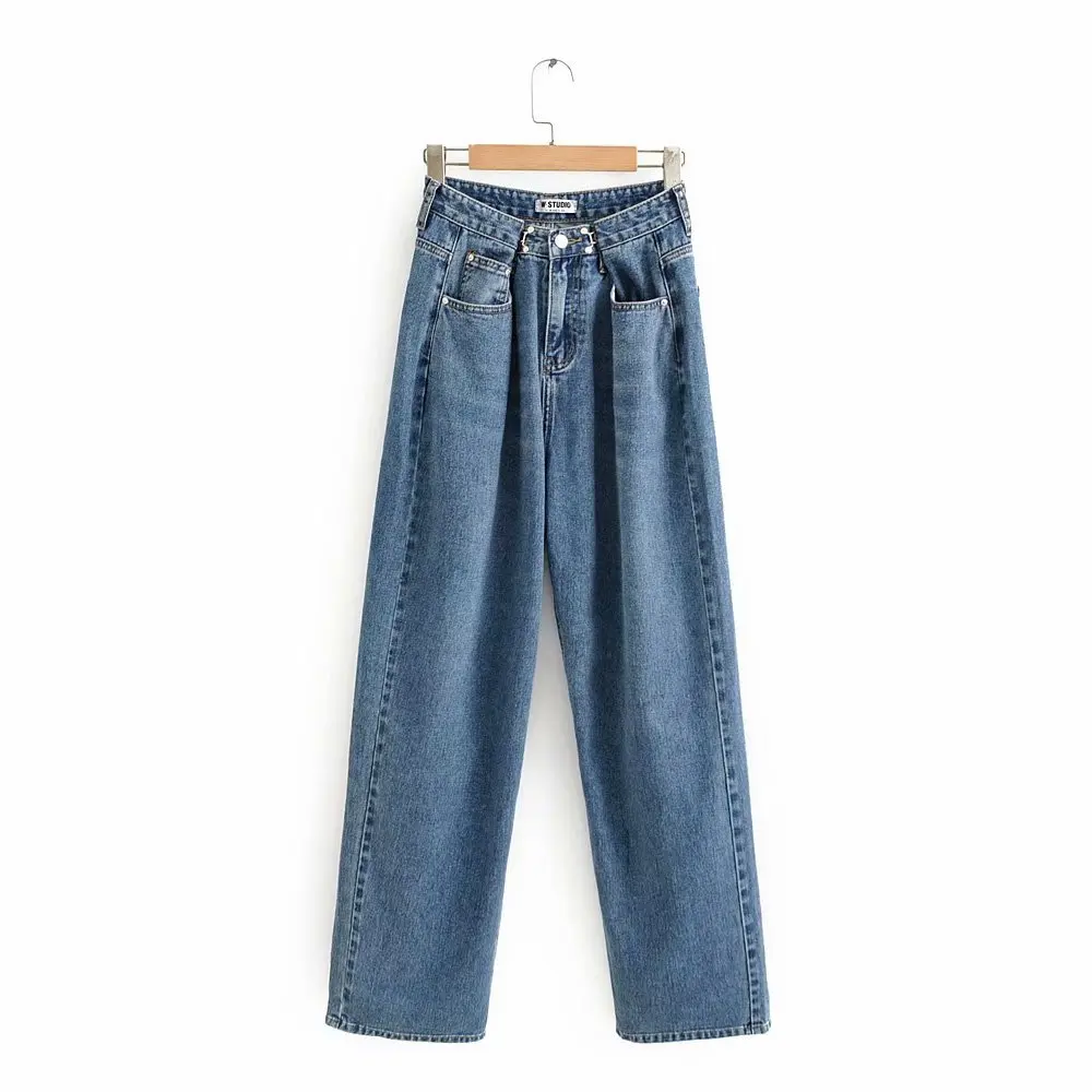 Autumn /Winter High Waisted Jeans Fashion Washed Double Buckle Mopping Wide-Leg Mom Jeans High Waist Denim Baggy Jeans Black