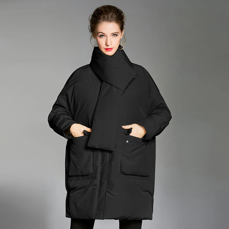 Casual Fashion Jacket Women Black Down Coat Winter With Scarf Warm Long Coat Puffer Jacket Pockets