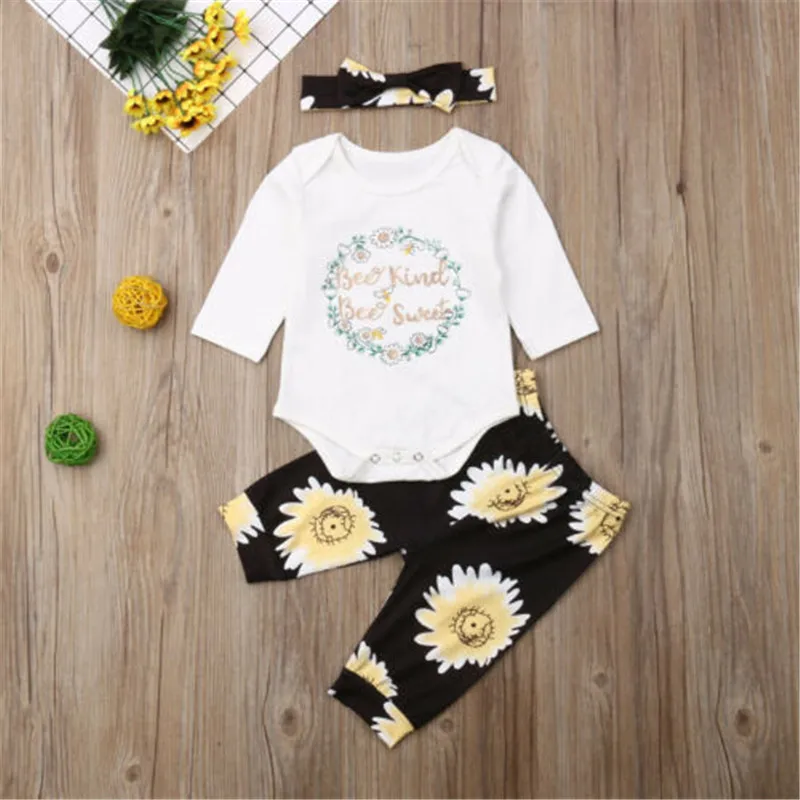 3pcs Newborn Clothes Set Bee Kids Letter Bodysuit Baby Rompers Outfits Sunflower Long Pants Hairbands Girls | Детская одежда и