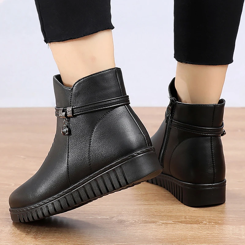 Ankle boots for women String Bead Winter Plush Warm Split leather Women Boots Female Zip Shoes Plus Size 41|Женские полусапожки| |
