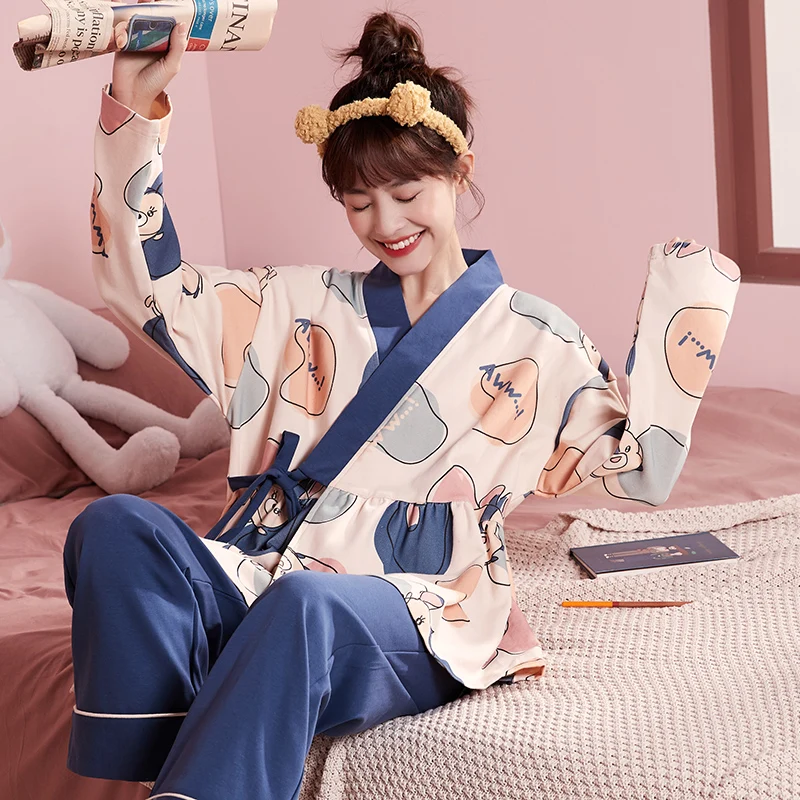 

Новинка, осенняя женская пижама JRMISSLI с V-образным вырезом, пижама из 2 частей, брюки с длинным рукавом, свободные домашние костюмы в Корейском...