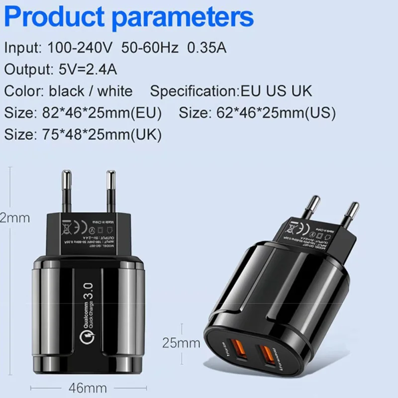 Фото 2.4A USB зарядное устройство с двумя портами EU дорожный настенный адаптер мобильный 2.4A USB зарядное устройство с двумя портами EU дорожный настенный адаптер мобильный