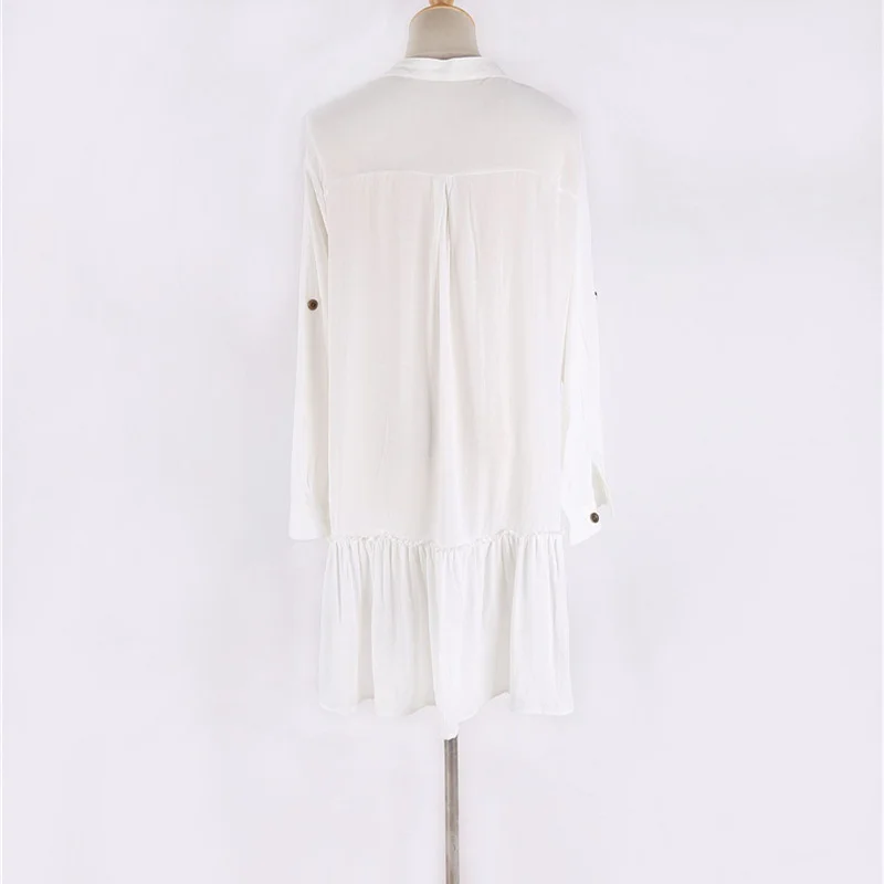 

2020 Women Swimsuit Cover Up Beach Dress Cotton Pockets Shirt Beachwear Pareo Saida de Praia Bikini Cover-ups Summer Tunic White