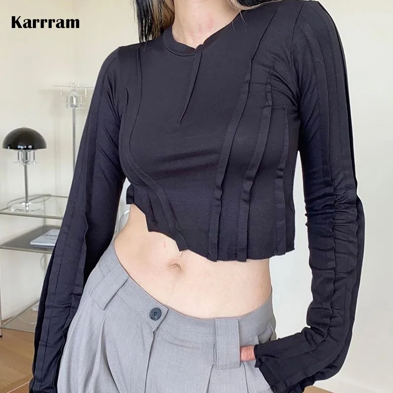 

Karrram Slim T-shirt Women Chic Long Sleeve Cropped Tops Irregular White T Shirts Sexy Korean Style Harajuku Designer Streetwear