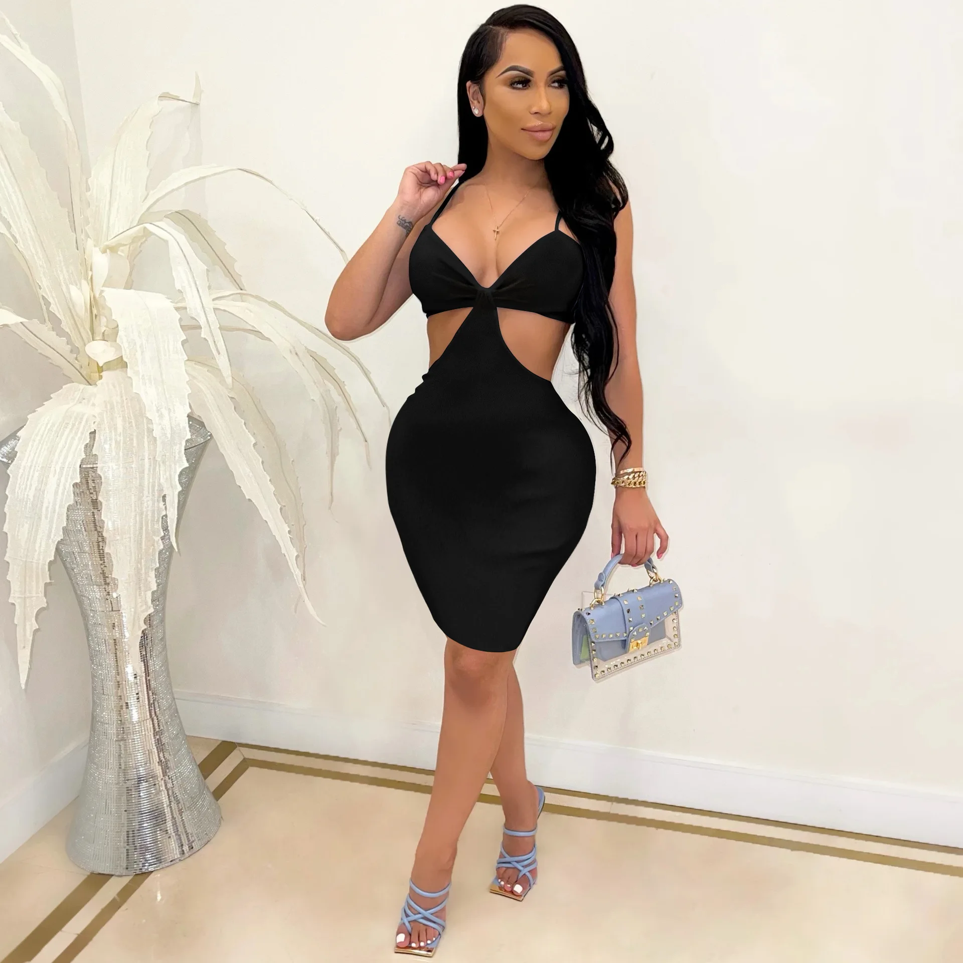 

Sexy Hollow Out Bodycon Dress Club Outfits for Women Solid V Neck Backless Mini Dresses Wholesale Items Dropshipping