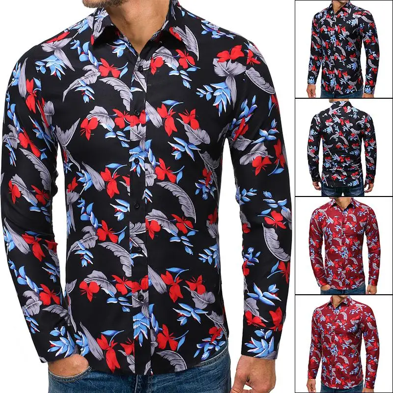 Casual Shirt For Men Fashion Hawaiian Blouse Male Long sleeve Flower printed Men's Dress Black Red New | Мужская одежда