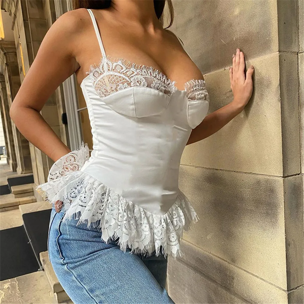 

Lace Patched Pu Y2K Strap Camis Vest Women Backless 2020 New Tank Top Leather Sleeveless Sexy Tee Party Clubwear Camisole