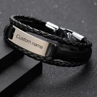 personalized stainless steel braided rope charm bracelet custom men leather bracelets any name beads gift for boyfriend jewelry