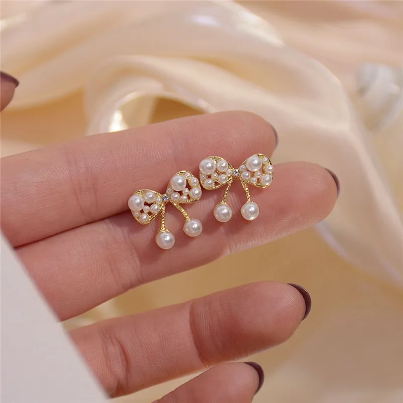

New Arrive Romantic 14K Real Gold Pearl Cute Bow Stud Earrings for Women Cubic Zircon ZC Sweet Earrings
