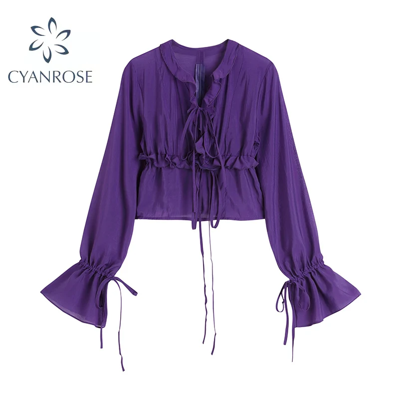 

2021 Autumn Women Blouse Fashion Office Lady O-Neck Ruffles Basic Shirts Vintage French Female Flare Sleeve Slim Fit Blusas Tops