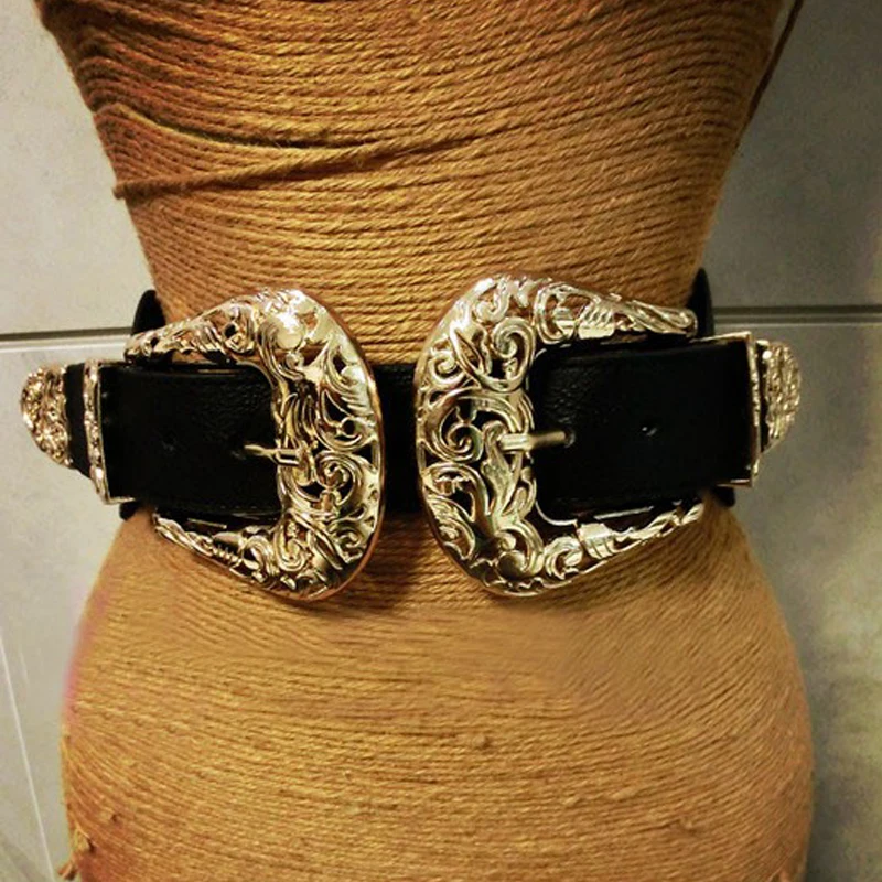 

New Fashion Female Vintage Strap Metal Pin Buckle Leather Belts For Women elastic Designer sexy gold hollow out wide waist belts