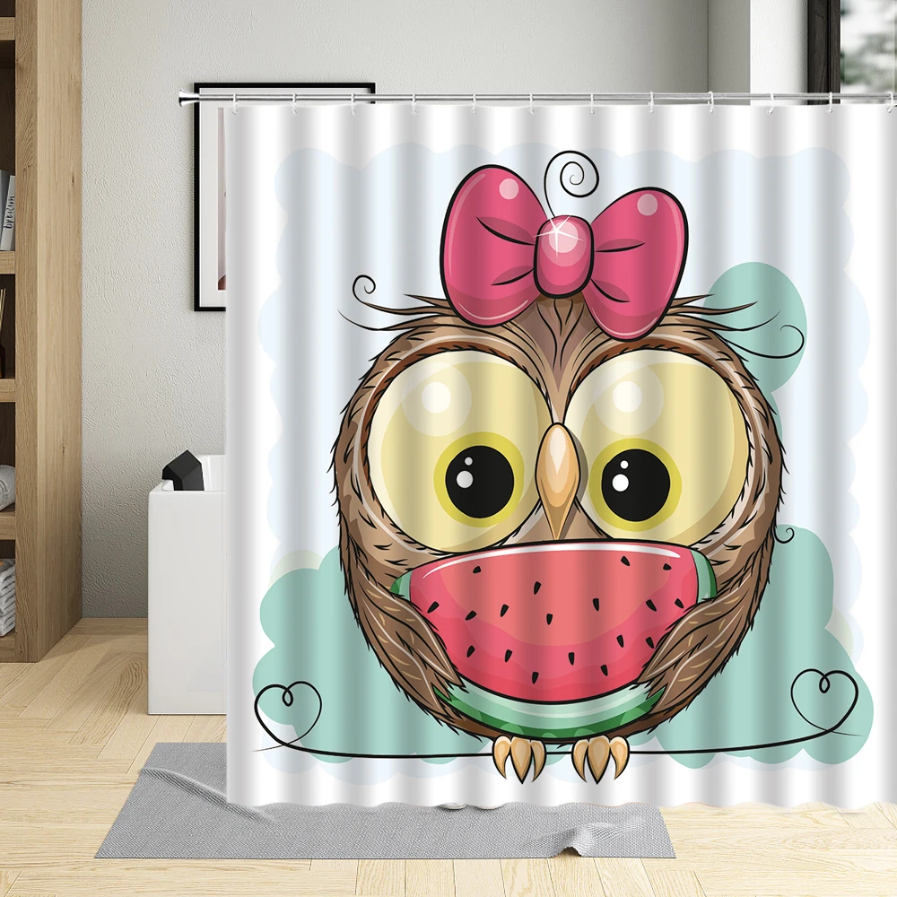 

Funny Owl Cute Bird Cartoons Kids Bathroom Decor Screens Polyester Fabric Bath Curtains Waterproof Shower Curtain With Hooks Set