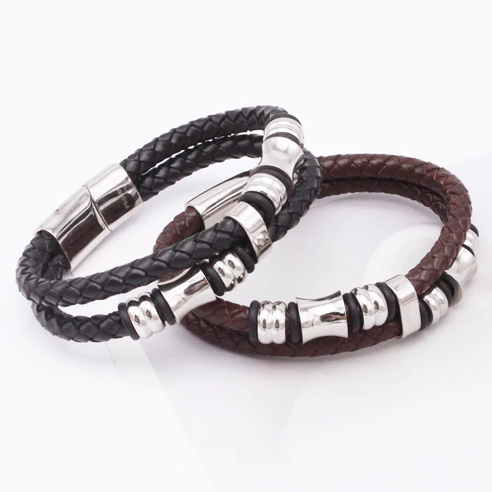 

2021 New Stainless Steel Black Multilayer Genuine Leather Bracelet For Men Magnetic Clasp Button Male Braid Bangle Jewelry