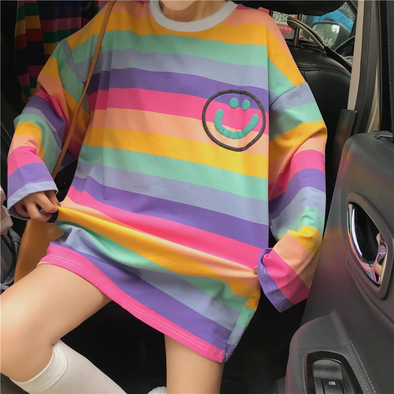 Женская футболка оверсайз летняя в Корейском стиле с милыми радужными полосками