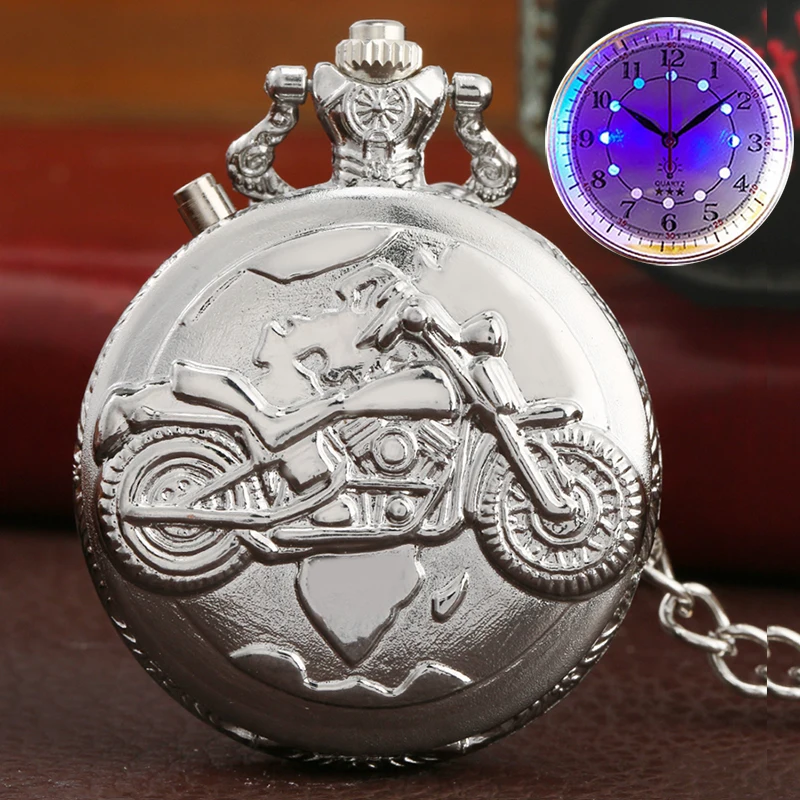 Silver Motorcycle Luminous LED Flash Motorbike MOTO Design Fashion Quartz Pocket Watch Carved Chain Clock Fob Gift for Men Women