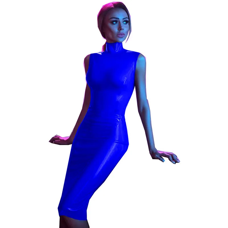 Женское глянцевое Платье До Колена без рукавов с высокой горловиной и бедрами