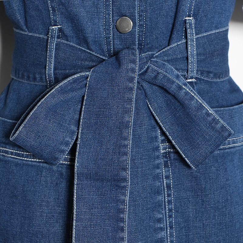 

Women Denim Jumpsuits High Waist Sashes Tunic Causal Jeans Jumpsuits