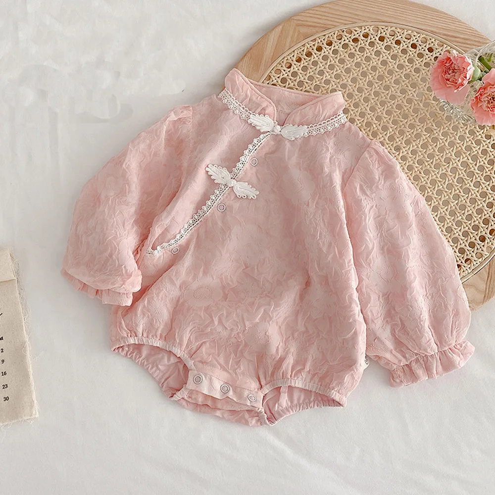

Halilo Chinese Style Baby Girl Romper Long Sleeve Pink Color Cheongsam Princess Birthday Infant Clothes Christmas Newborn Onesie