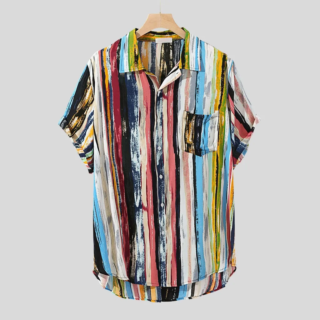 

Strip Short Sleeve Shirt Plus Size Men Summer Stand Collar Top 4xl Cotton Linen Shirt Couple Loose Fit Hawaii Quick Dry Blouse 2