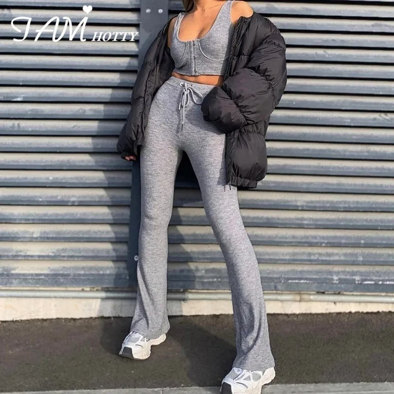 

Grey Elastic High Waist Flare Pants Women Casual Cotton Basic Baggy Oversize Sweatpants Fitness Sports Outfits Summer Iamhotty