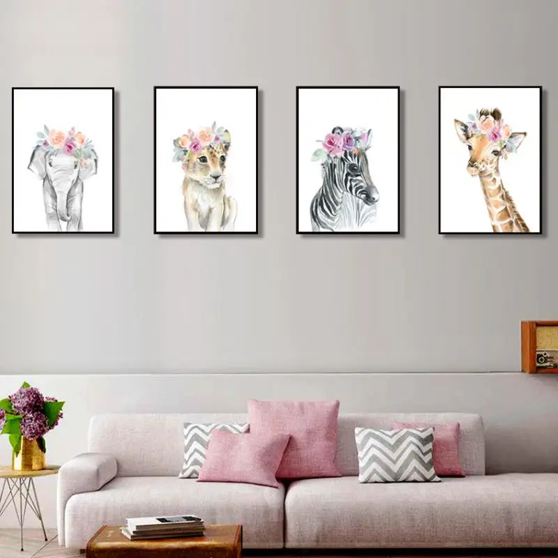 

Nordic Flower Animal Kids Room Decor Canvas Poster Lion Zebra Elephant Giraffe Nursery Wall Art Print Painting Wall Pictures