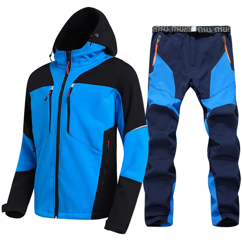 Men's Waterproof Hiking Jacket Suit Fleece Softshell Jacket and Pants Outdoor Trekking Camp Coat Set Pants Climb Skiing Trousers