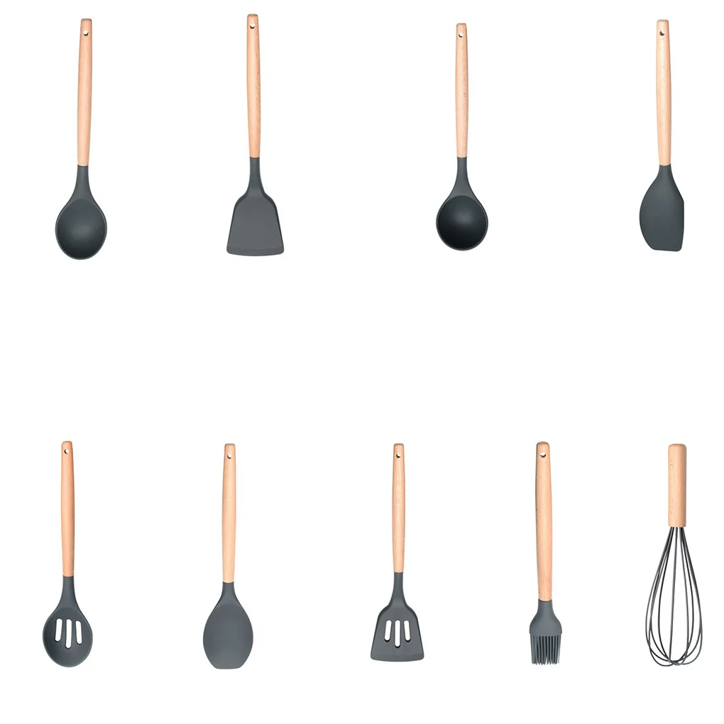 

FenKicyen Cool Kitchenware Sets Heat Resistant Wooden Handle Spatula Soup Spoon Skimmer Egg Beater Brush Non-Stick Cooking Set
